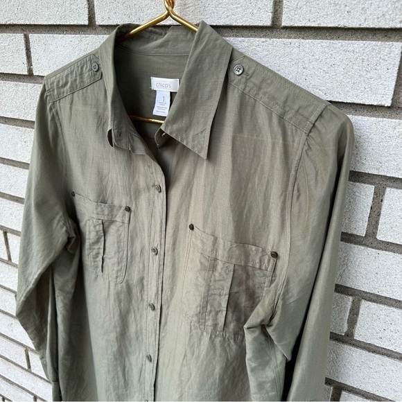 Chico’s Olive Army Green Cotton Silk Roll Tab Sleeve Button Up Shirt - Picture 2 of 10